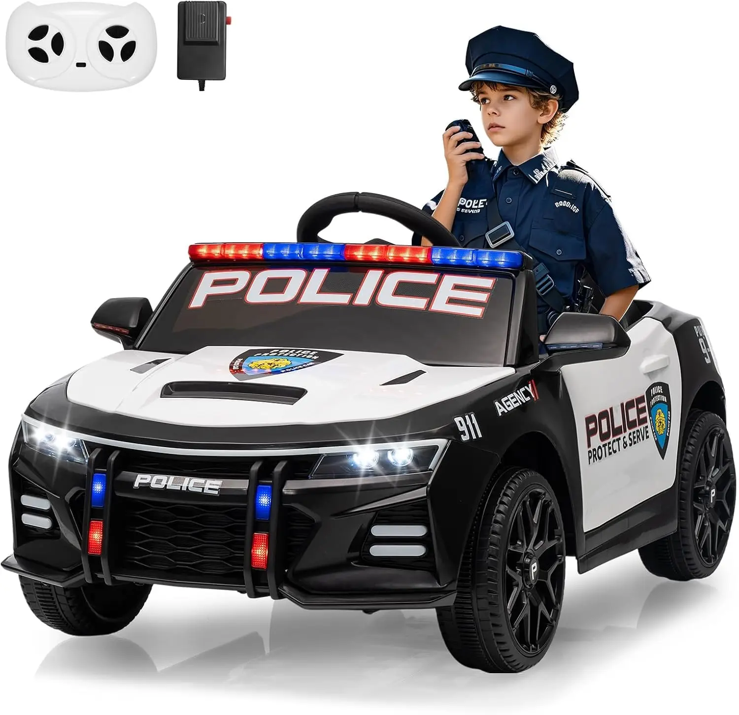 12V Police Car Ride on Toys, Ride on Electric Car for Kids to Drive, Battery Powered, Remote Control, Emergency Alert Tones, Meg