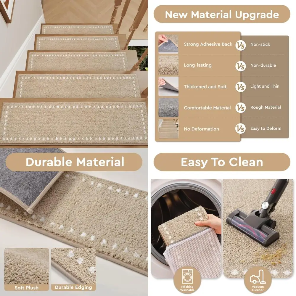 

Indoor Non-Slip Stair Treads Set of 15, Soft Carpet for Wooden Stairs, Reusable Peel and Stick Design