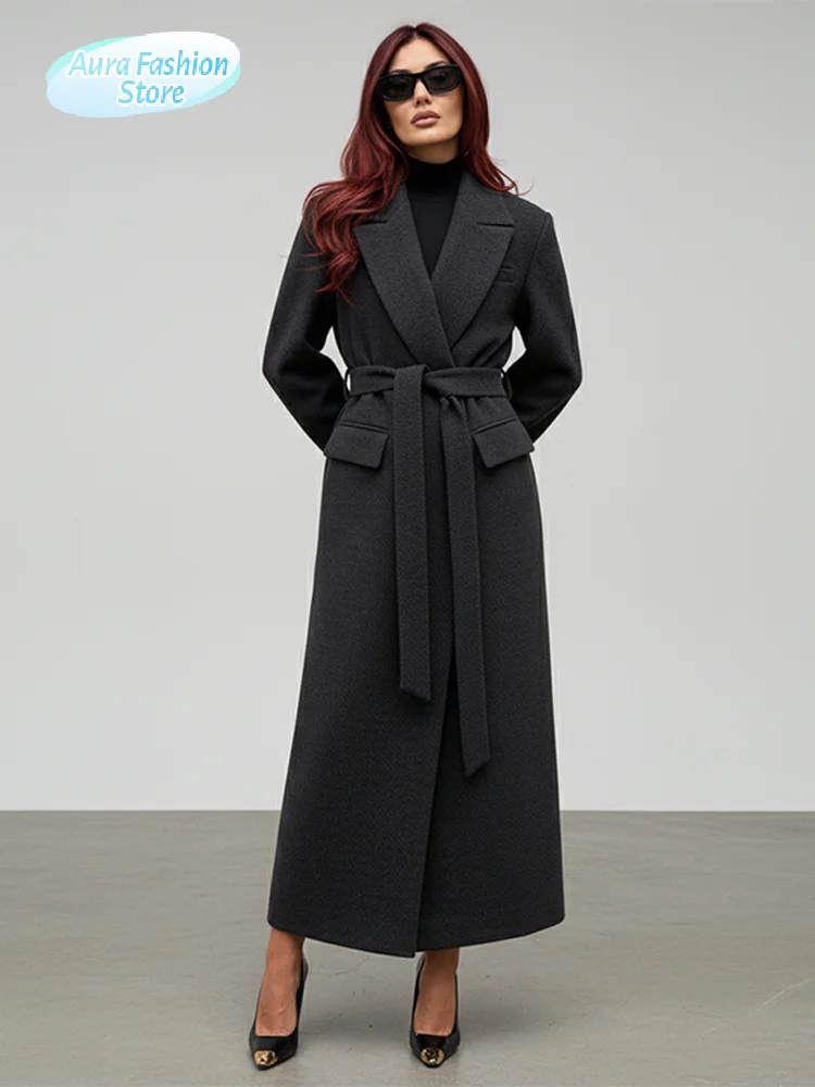 

Модное женское однотонное шерстяное пальто с лацканами, шикарное двубортное свободное пальто, осень 2023, женская повседневная верхняя одежда с карманами для поездок на работу