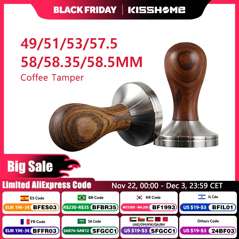 Coffee Tamper Wooden Espresso Powder Hammer 41/49/51mm/53mm/57/57.5mm/58mm/58.35mm Stainless Steel Barista Tool Coffee Accessory