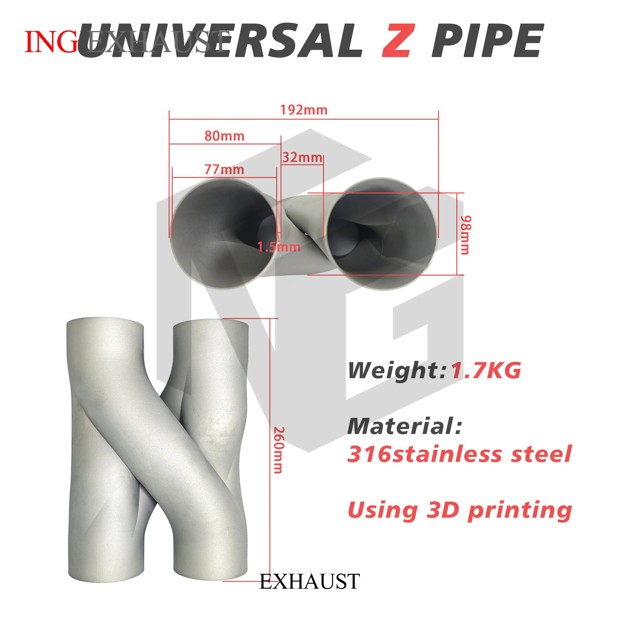 For ING Stainless Steel 316 Universal Z Pipe with 3D Printing  Z Shape Exhaust Car Accessories