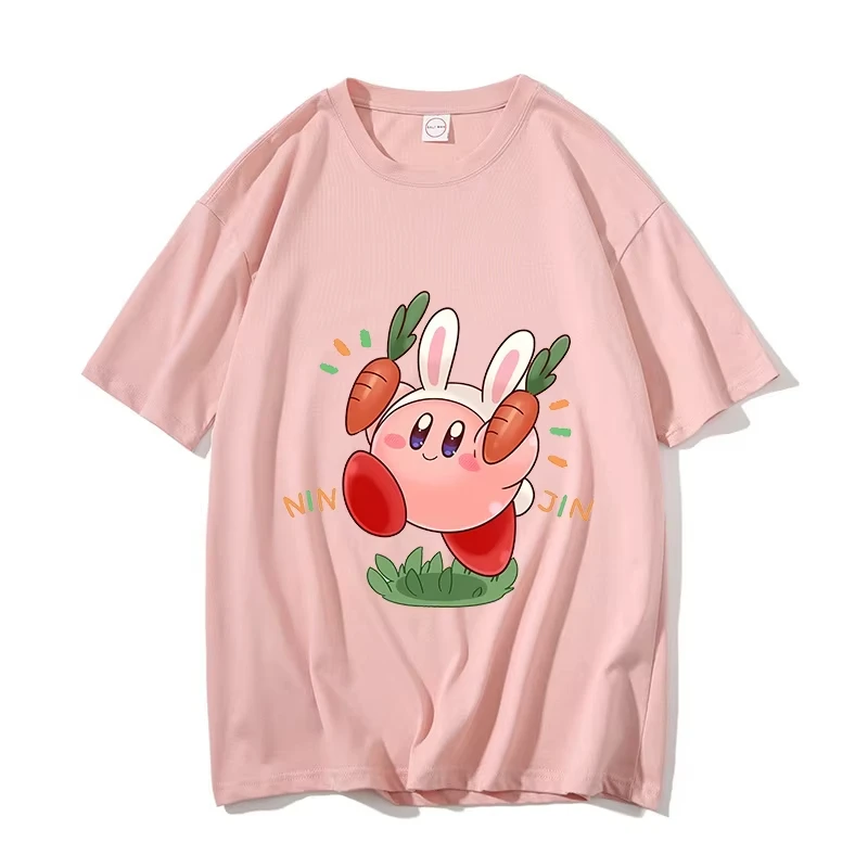 كيربي قميص الصيف س الرقبة تي شيرت مستدير Kawaii القطن قصير الأكمام بلون الكبار المطبوعة القمم أنيمي طوق زوجين تيز هدية #2