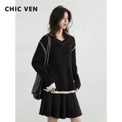 CHIC VEN Women Sweaters Long Sleeves Loose Pullovers Korean Color Block V-neck Patchwork Female Knitted Top Autumn Winter 2024