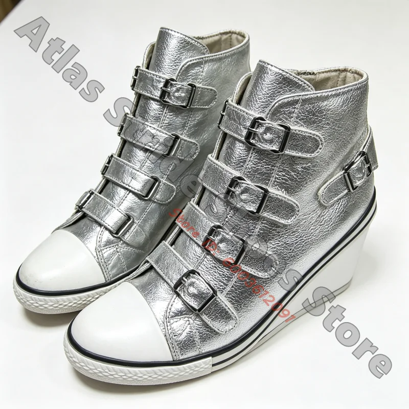 Ladies Shiny Metallic Silver High Cut Wedge Shoes Multiple Adjustable Buckles Round Toe White Toe Cap Back Zip Design Shoes
