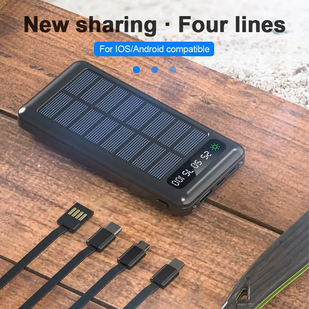 Solar Power Bank 200000mAh Solar Battery Two-way Large Capacity Fast Charging Built-in Cable Power Bank External Battery