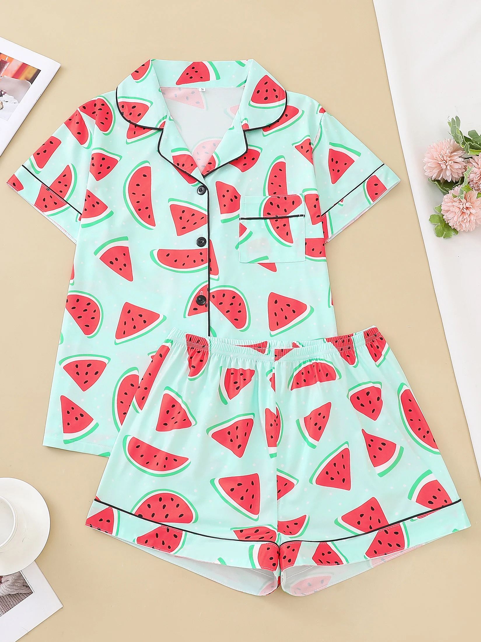 Two-piece set of women\'s pajamas lapel top and trousers watermelon summer casual women\'s pajamas home wear