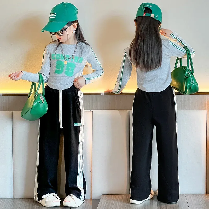 Girls Spring and Autumn Clothing Children Long Sleeve T-shirt Top and Striped Pants 2 Piece Fashion Casual Sports Set 6 to 15Y