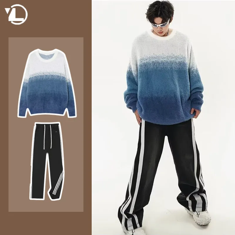 Autumn Japanese Sweater Set Gradient Round Neck Trendy Knit Pullover+Vertical Striped Casual Sports Pants 2-pcs Couple Suit Y2k