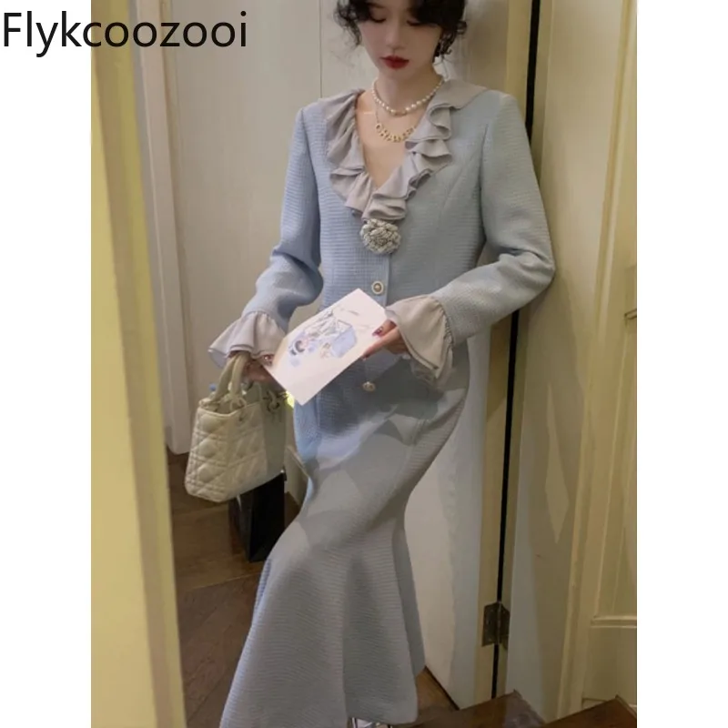 

Lady Elegant Suit Ruffled V-neck Petal Sleeve Short Coat Top Women High-waisted Wrap Hip Mermaid Skirt Autumn Premium Outfit