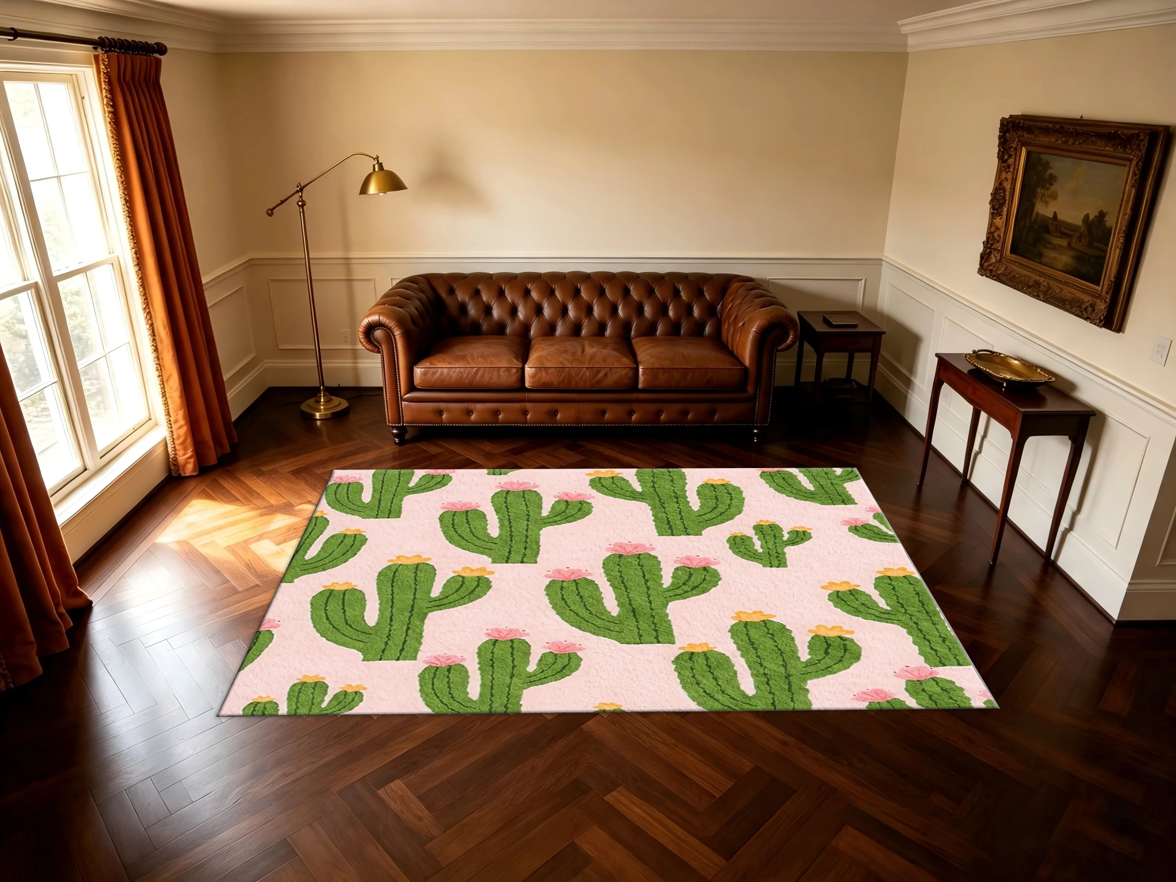 Pink Background Cactus Cartoon Area Rug Cute Plant Print Non‑Slip Floor Mat for Bedroom Kids Room Home Decoration