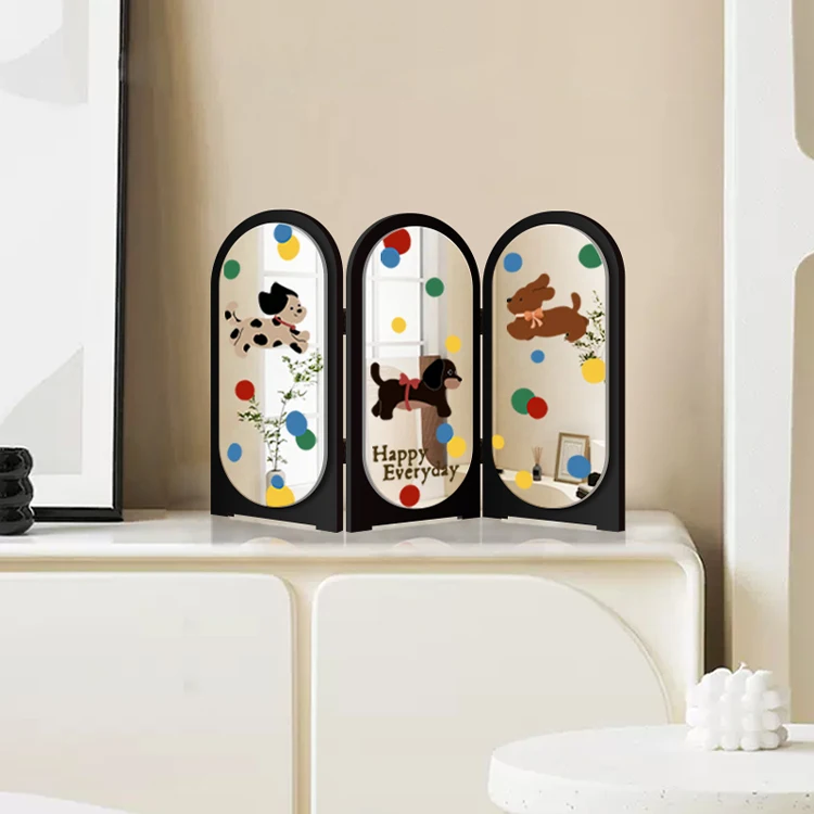 

New Arrival Contemporary Style Cream Wood Desktop Screen Ornament Foldable TV Cabinet Decorative Wind Mirror Painting Decorative