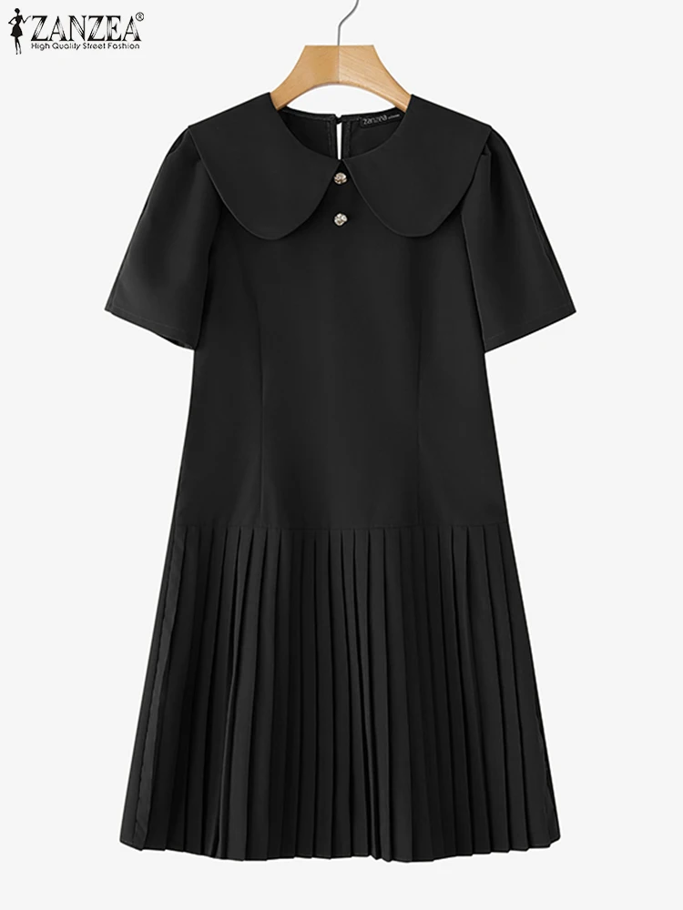 ZANZEA Zomer Mini Jurk Vrouwen Peter Pan Kraag Korte Mouw Effen Kleur Zonnejurk Geplooide Party Vestido 2025, Fashion Casual Gewaad