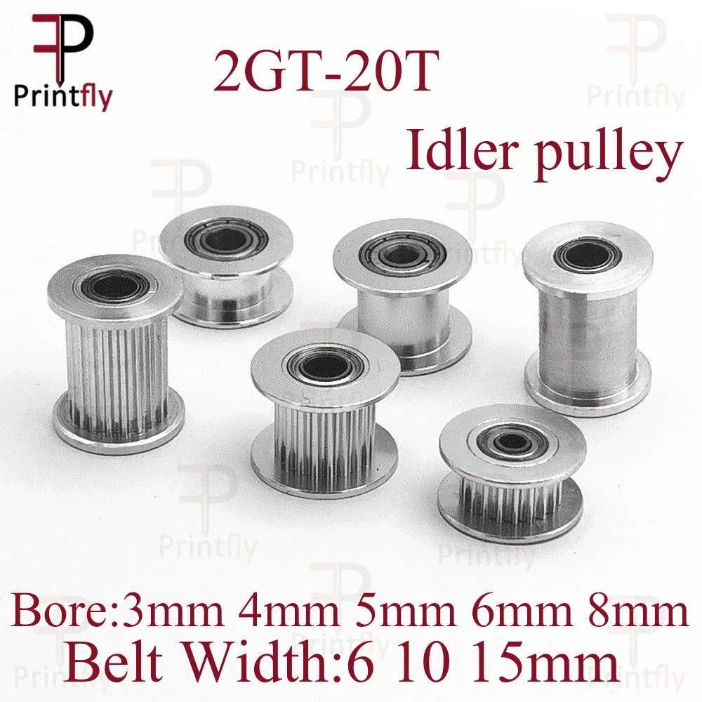 Printfly 2GT Idler Pulley 20 Teeth Bore 3 4 5 6 8 mm width Bearing Timing belt For 6 10 15mm 3D Printer Accessories Tensioning