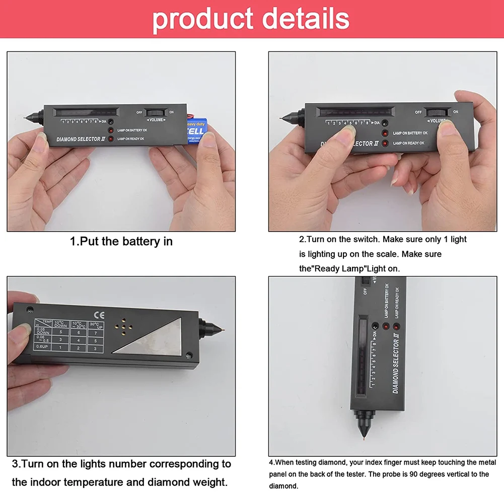 Caneta profissional Tester Diamante, Detector de diamante com 60X Mini LED ampliação, Caneta de teste diamante para principiantes e especialistas