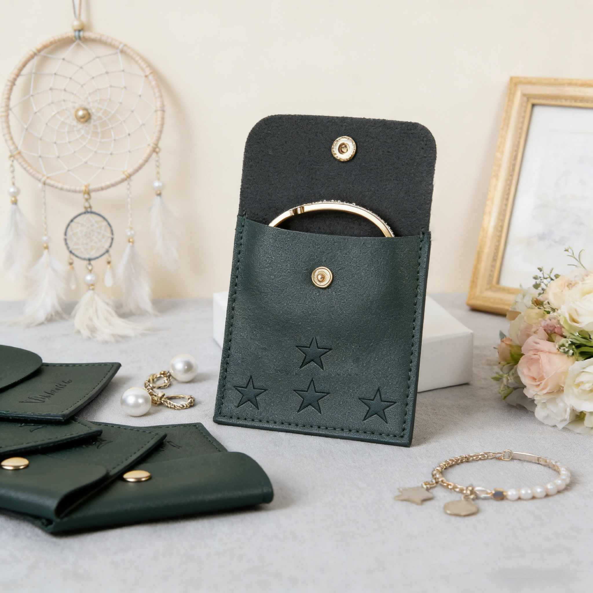 

50Pack Wholesale Custom Logo PU Leather Jewelry Pouch Earrings Rings Makeup Packaging Bags With Snap Button Travel Organizer