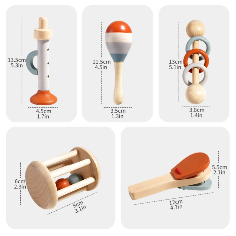 Baby Ringbell Wooden Toy 5 PCS Set Baba Hand Eye Coordination Grip Musical Instrument Sand Hammer Soundboard 0-1 Year Baby Gift