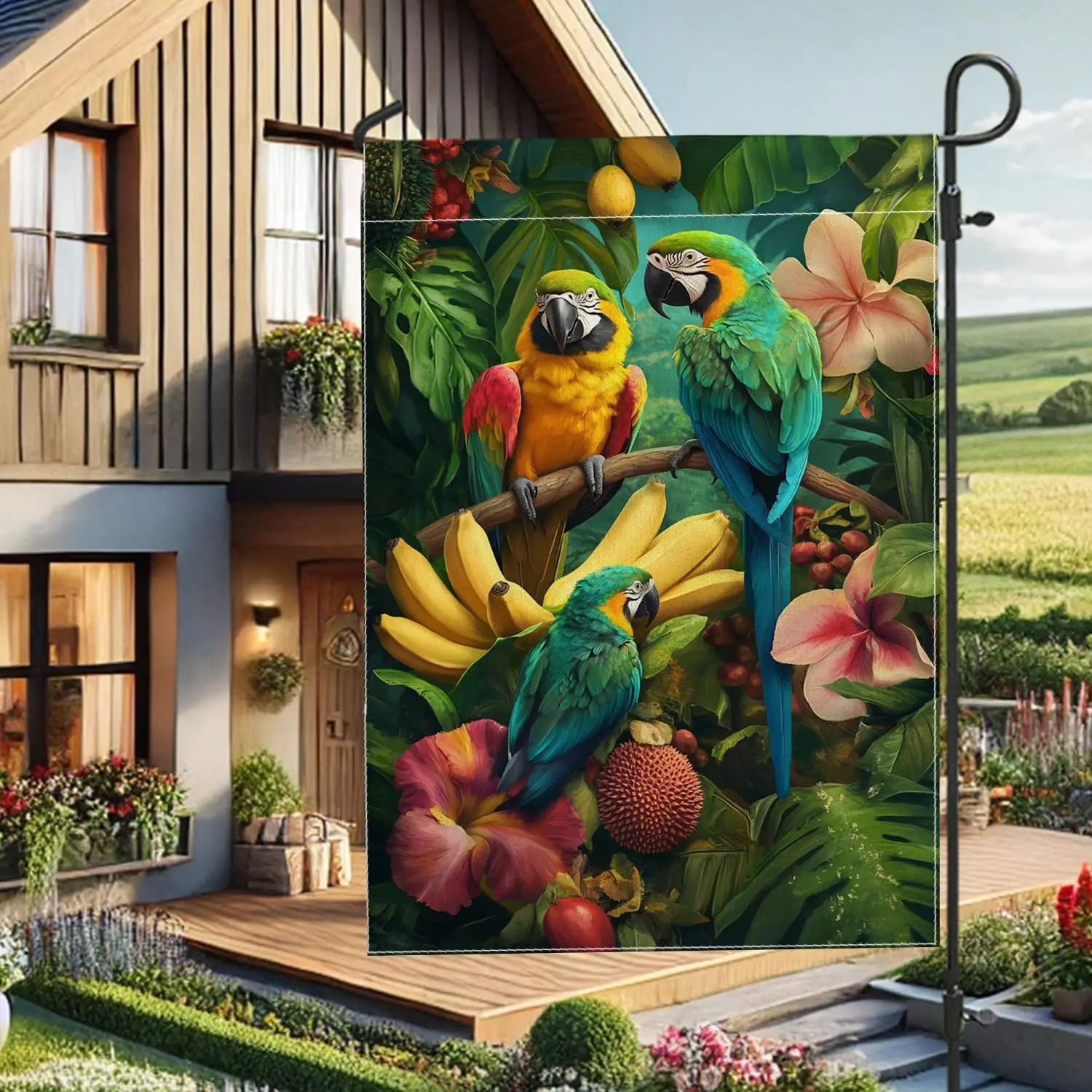 Tropical Macaw Garden Flag, Vibrant Blue Green Parrots Decorative Banner, Double Sided Floral Outdoor Decor for Summer Parti zzo