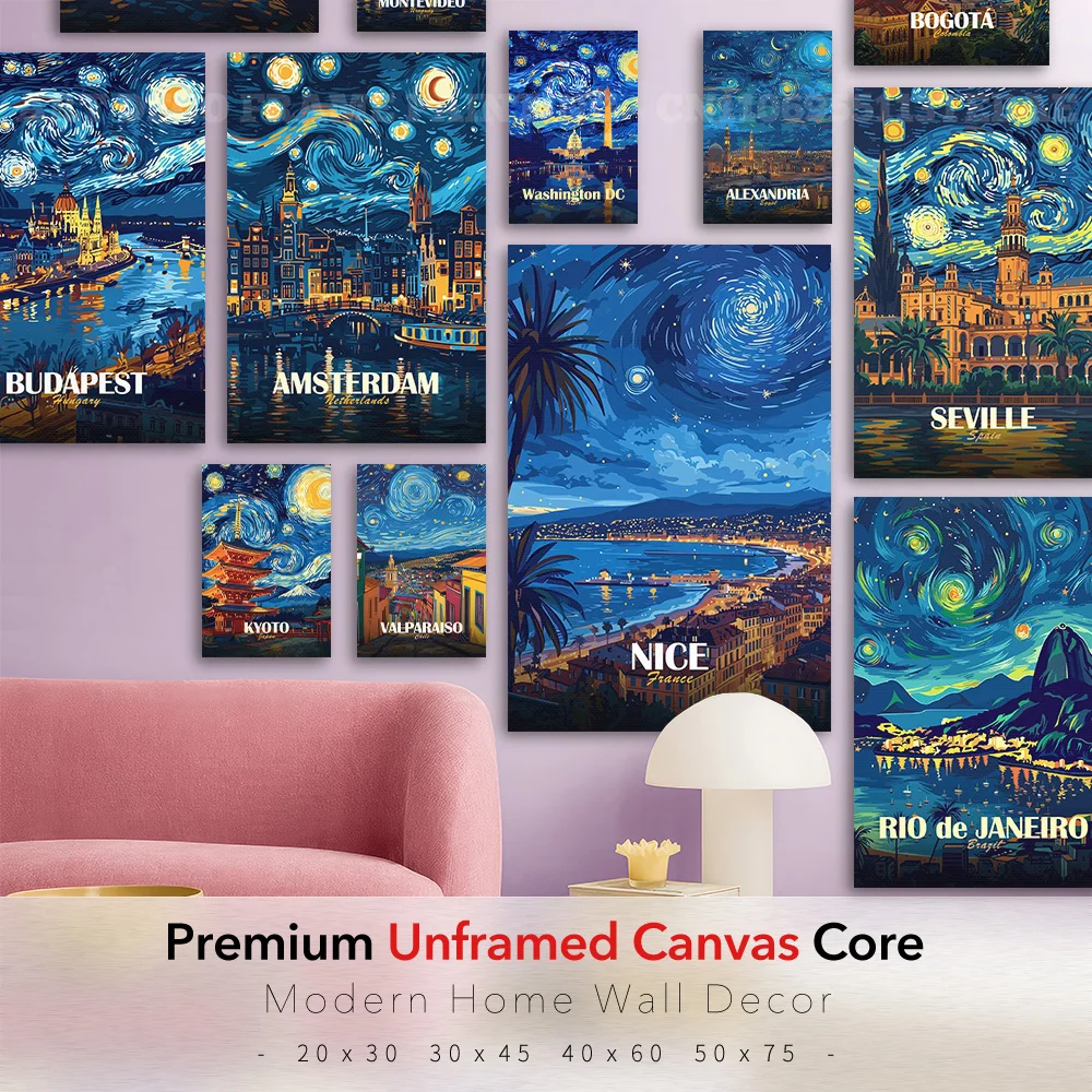 Starry Night City Canvas Poster World Travel Map Wall Art Painting Budapest Amsterdam Nice Print Home Decor Bedroom Gift