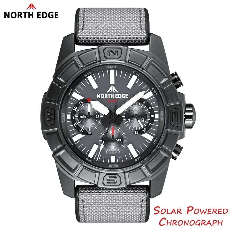 NORTH EDGE BLAZE Men's Solar Powered Pilot Quartz Watch, 316 Stainless Steel Case, 50M Waterproof Wristwatch with Stopwatch