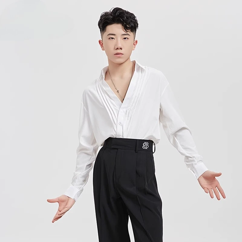 

customized Men's adult Latin dance costume shirt high-end professional practice clothes long sleeved tops performance outfit