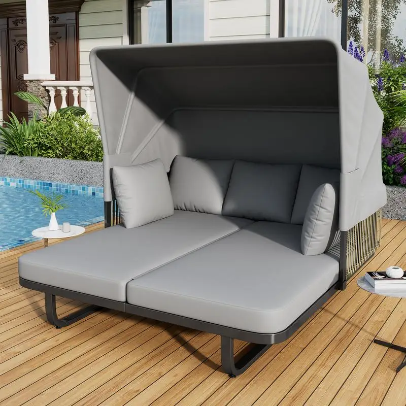 Sofá cama de ratán para exteriores de 57 pulgadas con cojines desmontables para patio, patio trasero, piscina: tumbona gris perfecta para relajarse y comodidad