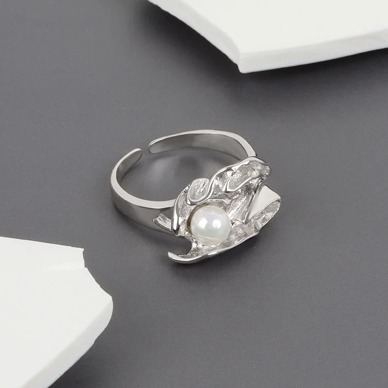 QMCOCO  Silver Color Trendy Tin Foil Concave-Convex Irregular Textured Pearl Ring Woman Korean Simple Design Adjustable Ring
