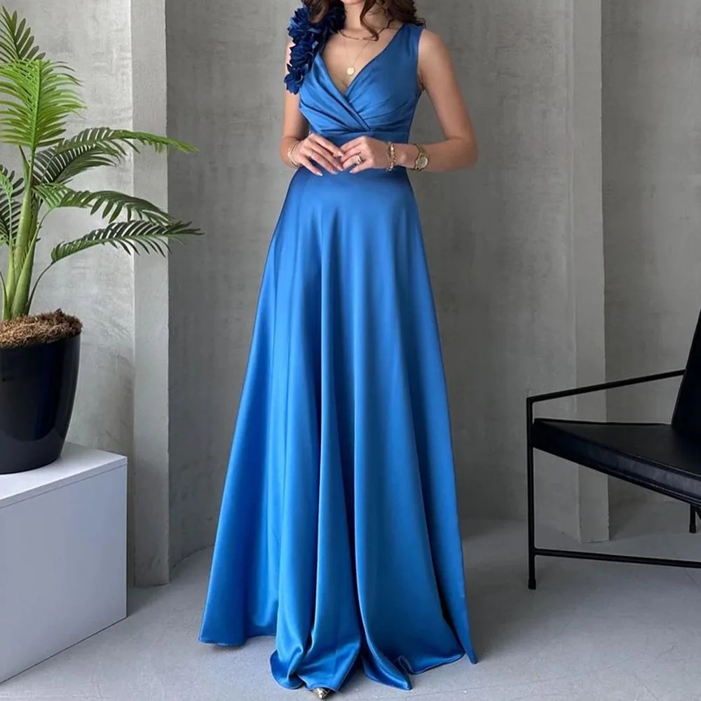 

Customized A-Line Evening Dresses Floor-Length V-Neck Sleeveless Prom Gown Fashion Flowers Simple Draped Casual Party Gown