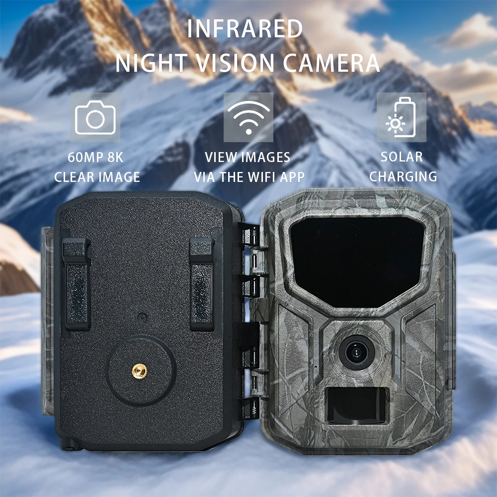 Solar Infrared Night Vision Camera 6000W Pixels 8K High-Definition Images Wifi App Link Viewing Built-In Battery Hd Screen Suitable for Observing Wildlife and Security Monitoring