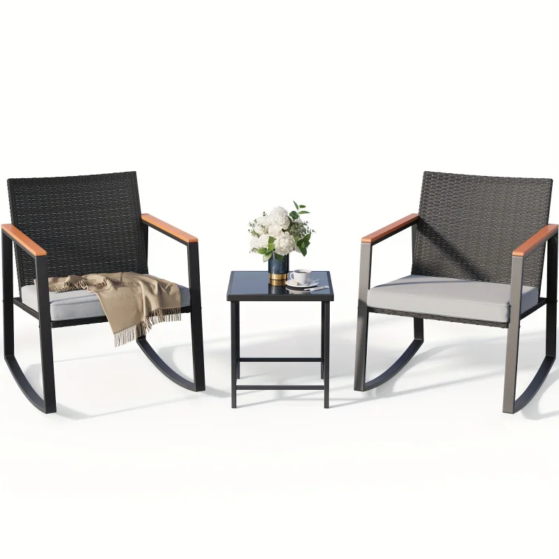 3 set of wicker swing patio furniture suit, outdoor bistro selection, coffee table with tempered glass