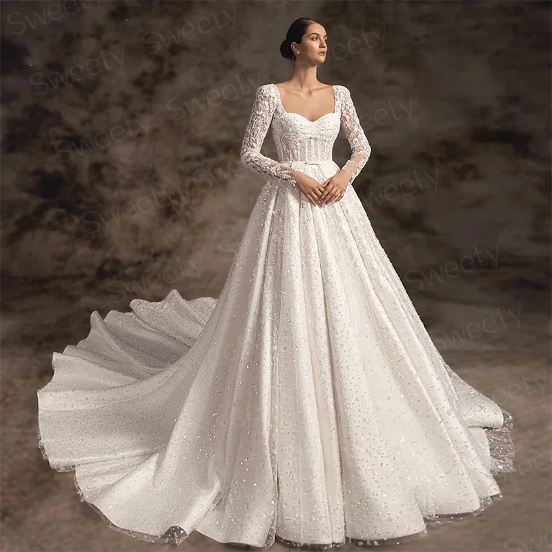 Luxuriöses Hochzeitskleid aus Organza mit Stickerei, Perlenstickerei, Ballkleid, herzförmiger V-Ausschnitt, volle Ärmel, Brautkleid Robe De Mariee