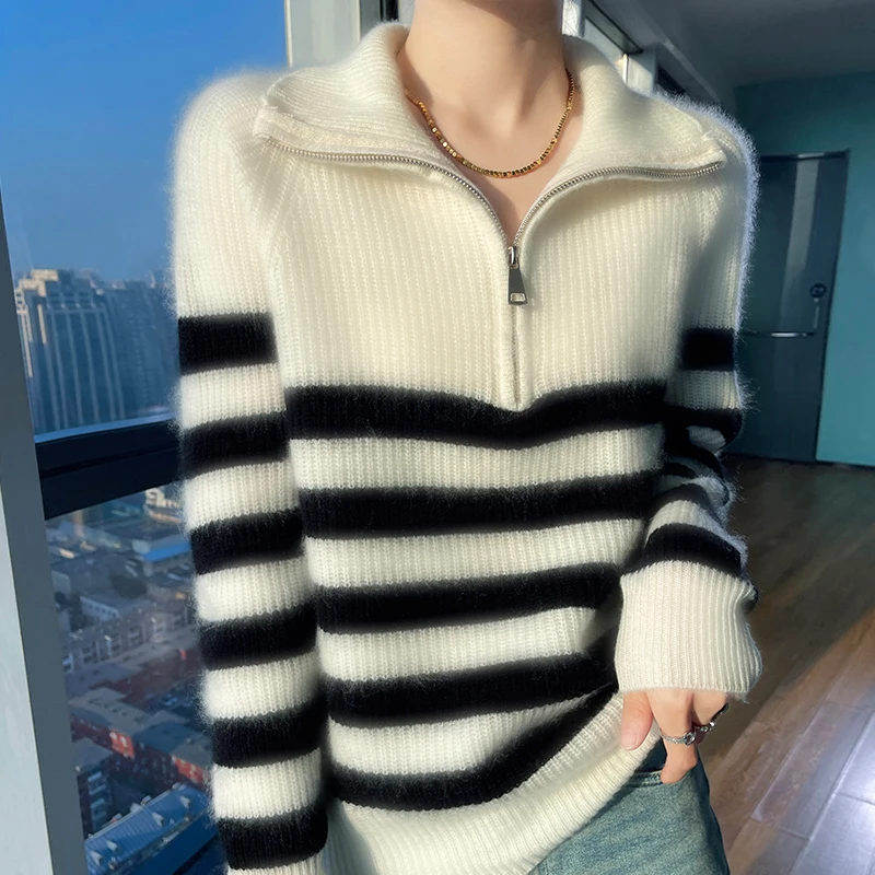 High-end soft turtleneck 100% cashmere sweater women\'s loose thick striped sweater bottoming sweater top