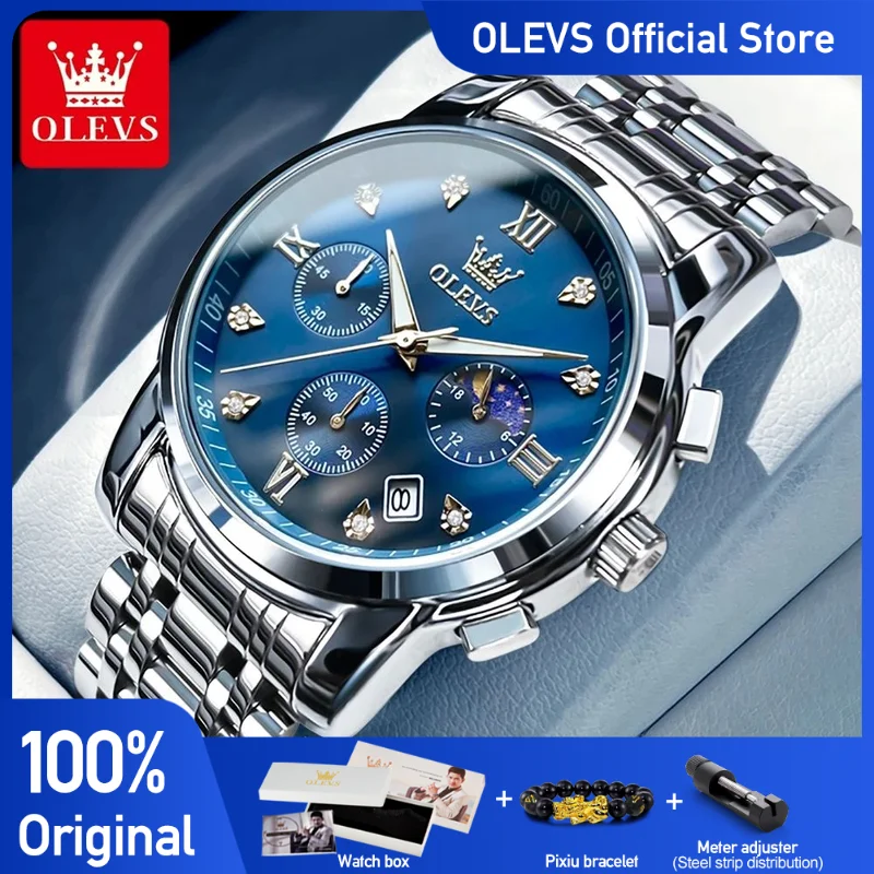 OLEVS Men\'s Watches Classic Fashion Multifunctional Chronograph Original Quartz Wristwatch Wateproof Luminous Moon Phase Date