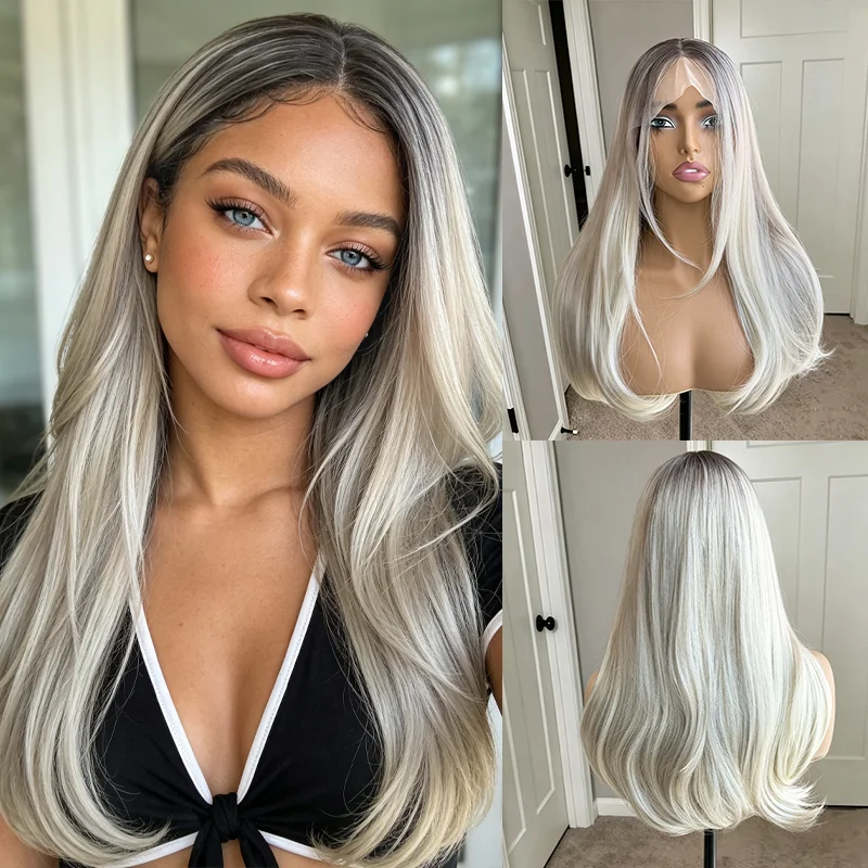 Creamy Ash Blonde Wig Soft Hair HD Invisible Straight Lace Frontal Wig 13x4 Preplucked Layered Hair Wig for Women Cosplay Party