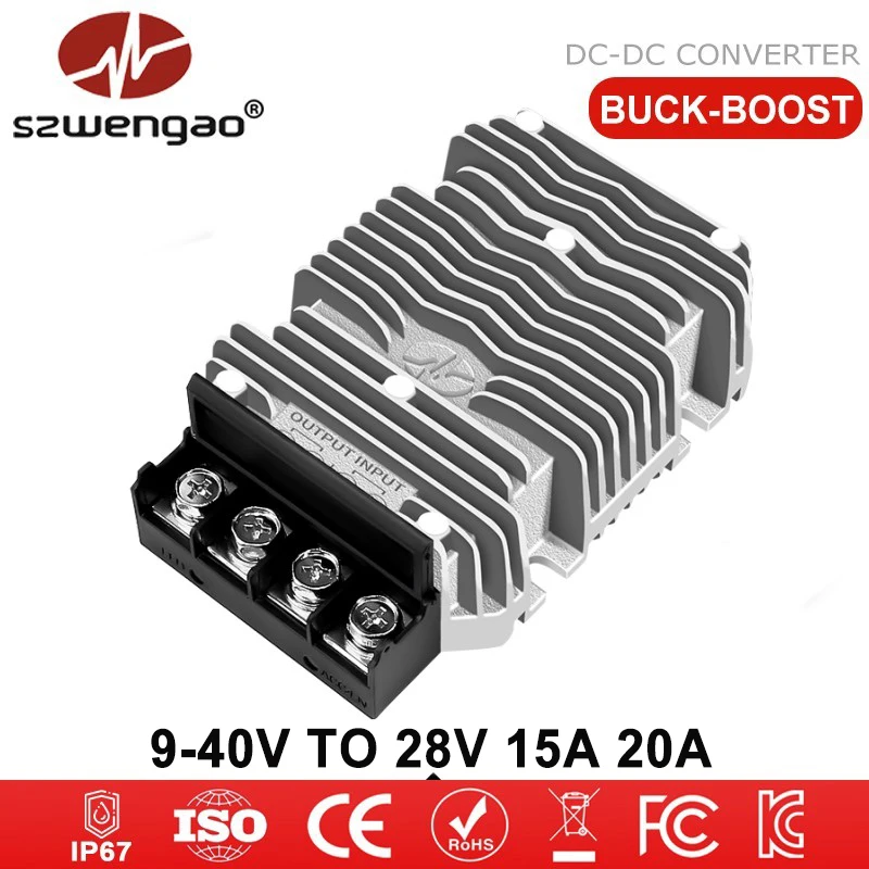 szwengao Buck-Boost 12V 24V 36V 40V to 28V 15A 20A DC DC 9-40V to 28V Step down-up Converter Car Truck Boat LED Power Supply