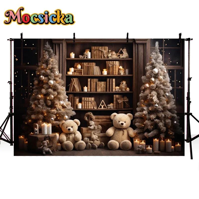 Mocsicka fondo de fotografía para fiesta de Navidad, telón de fondo para habitación, ventana, regalo, oso, árbol de Navidad, retrato familiar para niños, estudio fotográfico