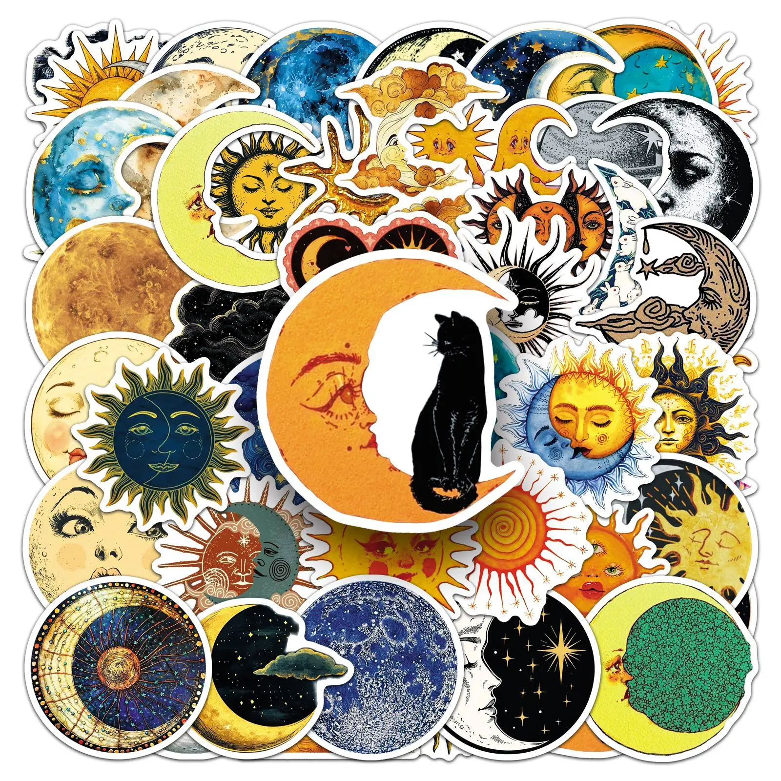 

50PCS Sun and Moon Stickers Retro Style Sun and Moon Decorative Notebook Suitcase Water Cup iPad Waterproof Stickers Kids Toy
