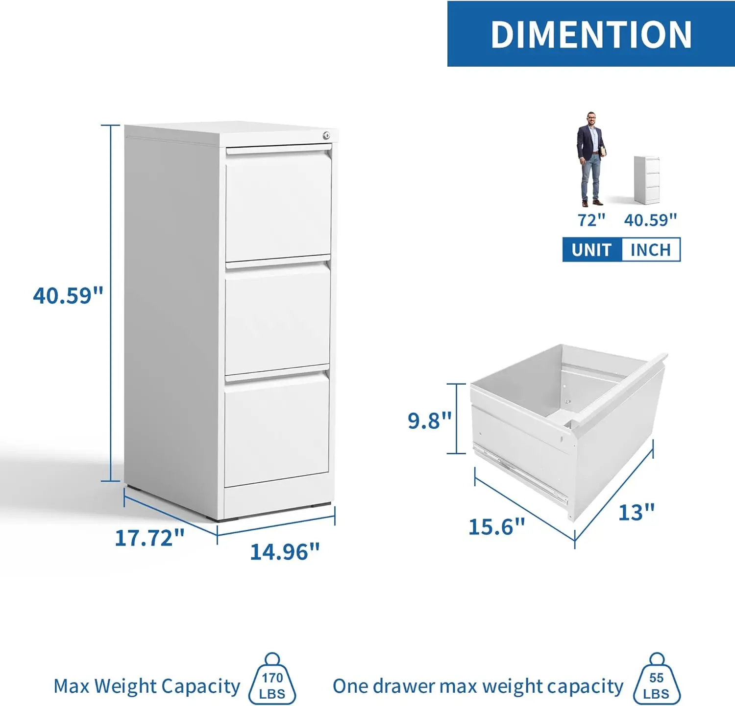 Yukimo-archivador Vertical con cajón, 3 cajones con cerradura, archivadores para oficina en casa, archivos colgantes