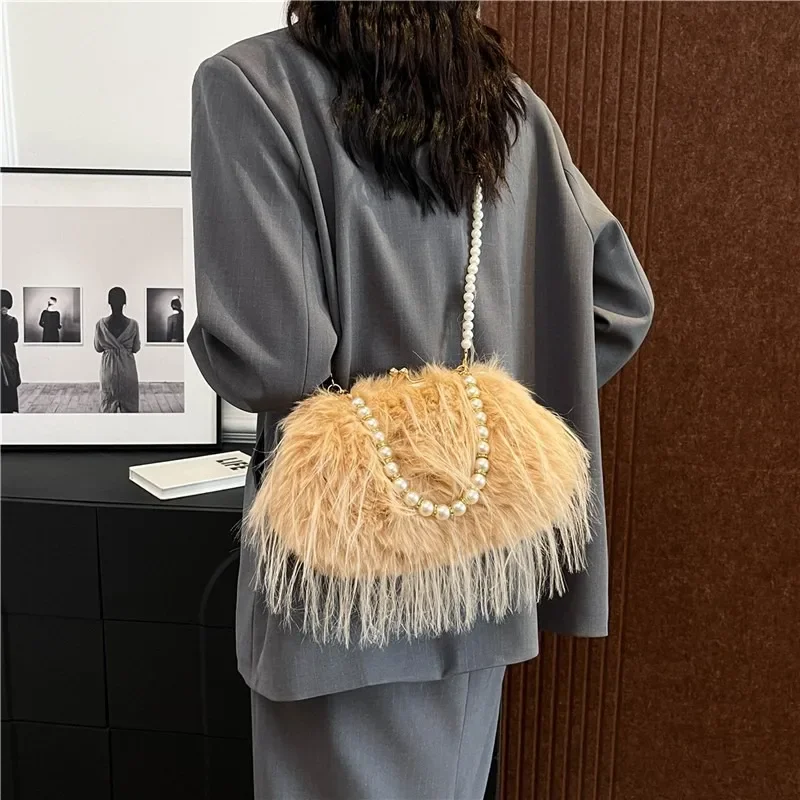 

Solid Color Top-Handle Bags Velvet 2024 High Quality Beading Simple Fashionable Versatile Commuting Women's Shoulder Bags