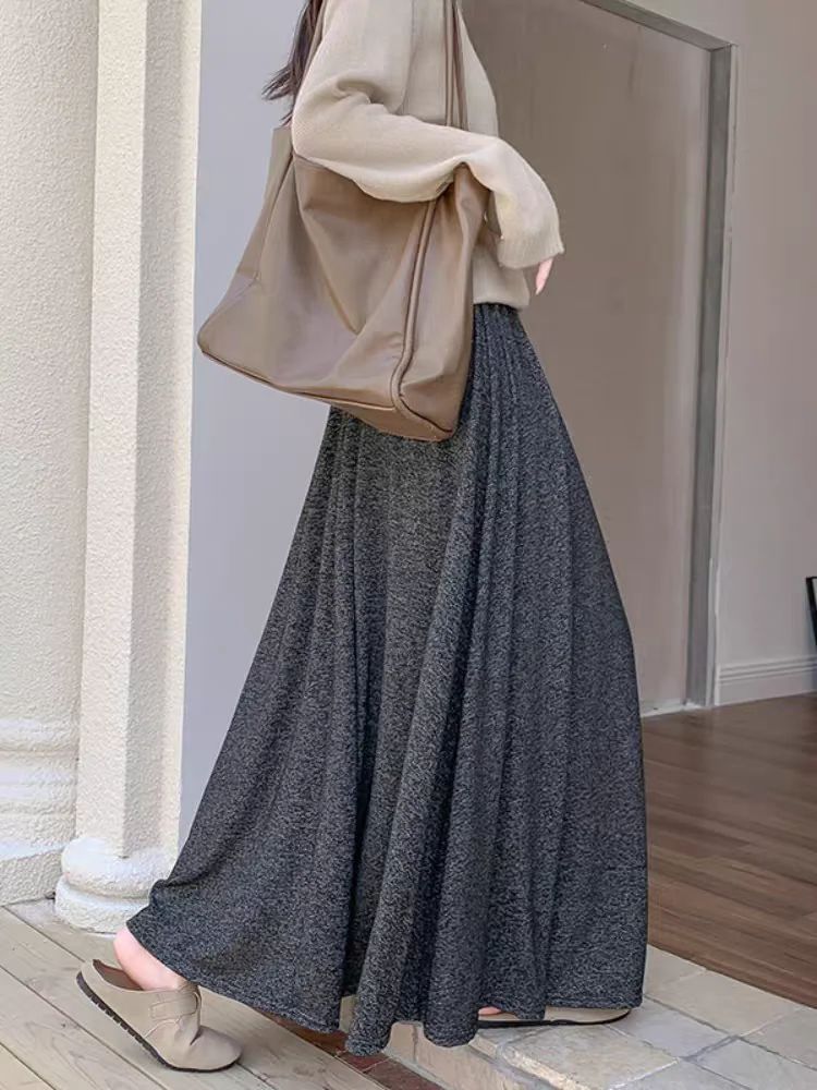 

2025 Grey Knit A-Line Maxi Skit: Slouchy Drape, Flared Hem, Elastic Waistband Autumn Skirts For Women