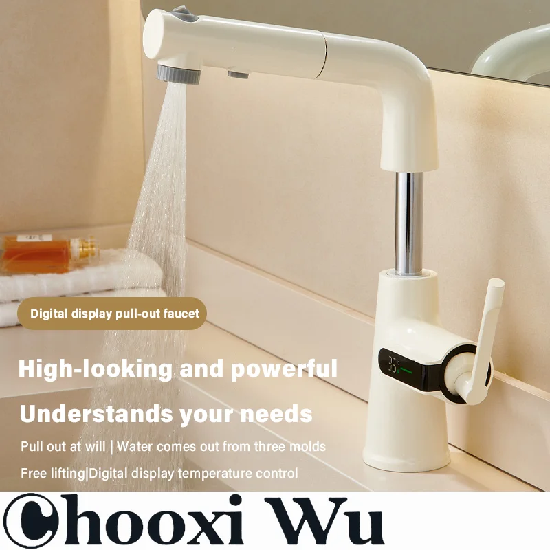 

Bathroom pull-out basin faucet, intelligent digital display, hot and cold dual control, ceramic valve core