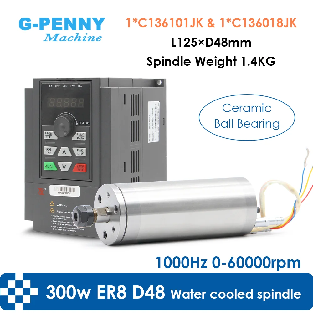 G-Penny 300w 75v ER8 Water Cooled Spindle Motor 48mm 60000rpm 1000Hz and 220v 1.5kw BD600 inverter