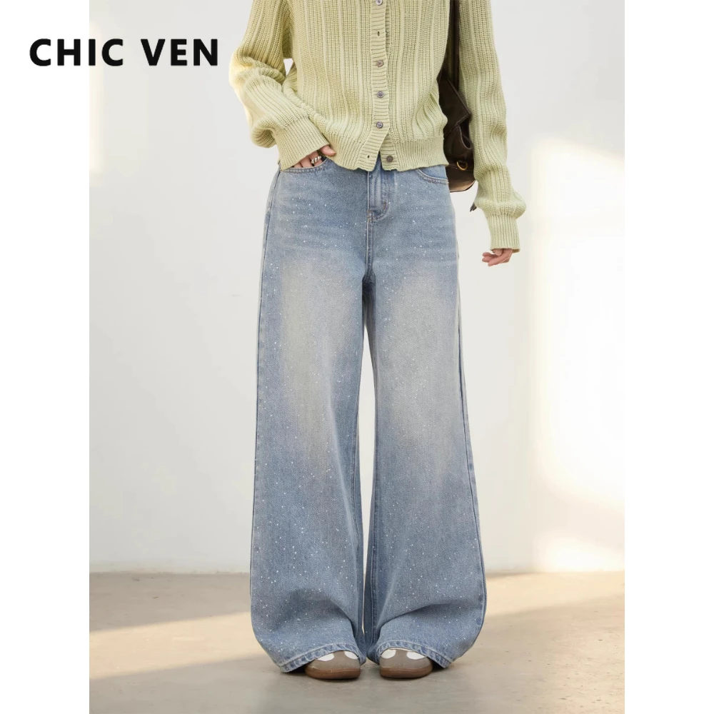 

CHIC VEN Fashion Women Jeans Blue Polka Dot Wide Leg Slightly Flared Female Denim Trousers Washed Slim Pants Spring Autumn 2026