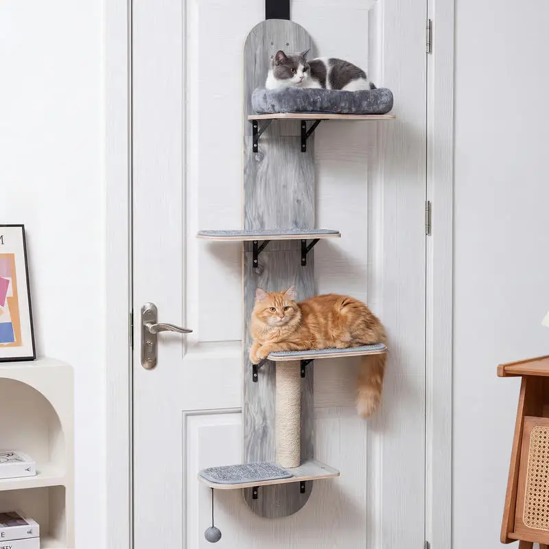Door Hanging Cat Climber, 5-Level Height Adjustable Cat Tree with Sisal Scratching Posts, Plush Perch Beds, Solid Plywood Boards, Sturdy Metal Brackets for Indoor Cats, Gray