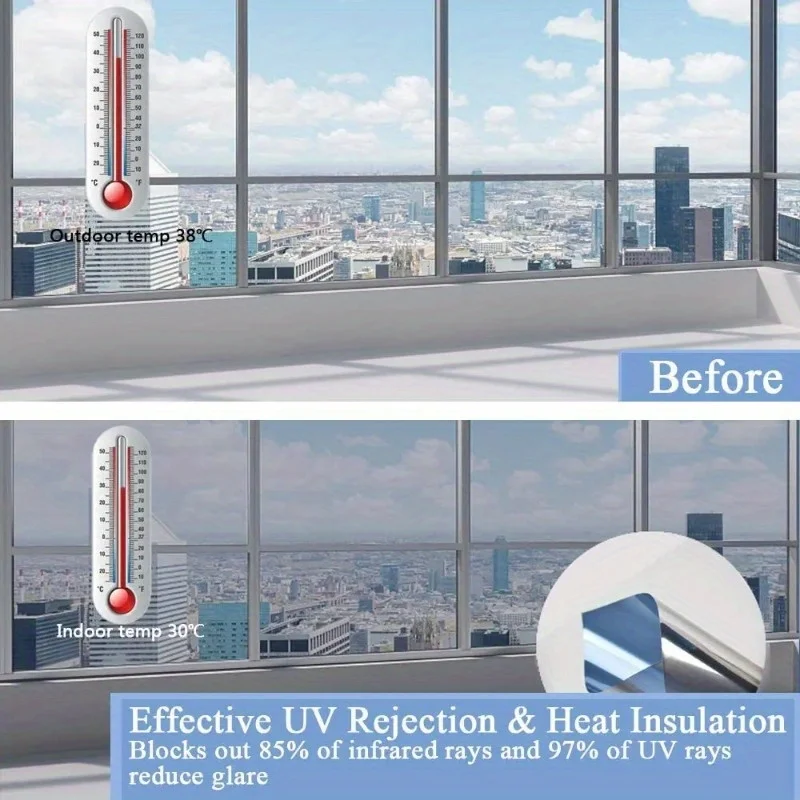 Film de fenêtre réfléchissant pour la confidentialité, protection solaire, contrôle de la chaleur, adhésion statique, amovible pour la maison, le bureau, le verre
