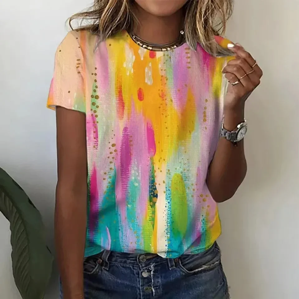 

Летняя красочная женская футболка с 3d цветочным принтом и круглым вырезом, блузка с коротким рукавом, модная футболка больших размеров для женщин Y2k, женская одежда