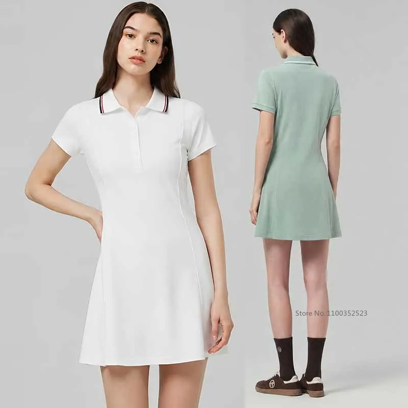 Women Solid Color Polo Collar Golf Tennis Dress Ladies Short Sleeve Workout Dress with Short Business Casual Skirts S-XL