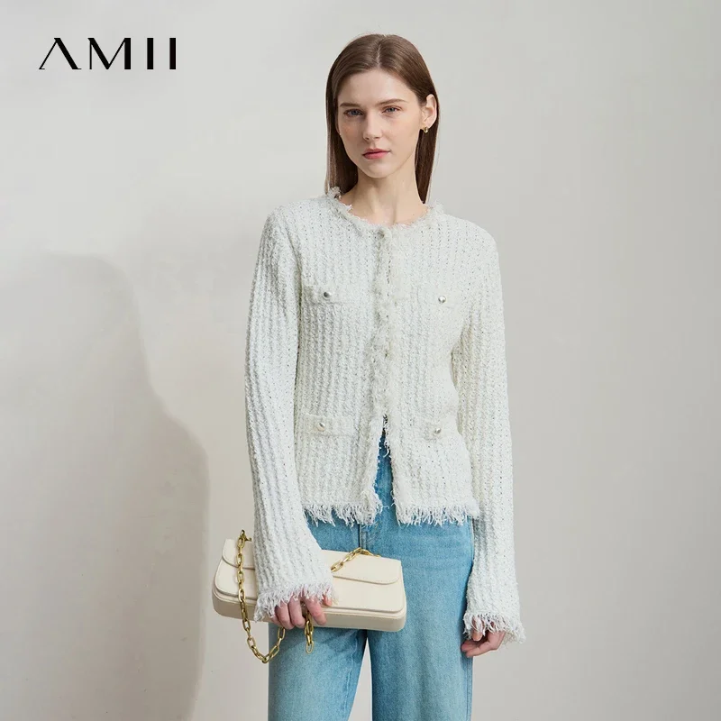 Amii Minimalist Tassel Front Shoulder Long Sleeve Women's Cardigan 2025 Spring New Commuter Splicing Short Straight Top 12551057