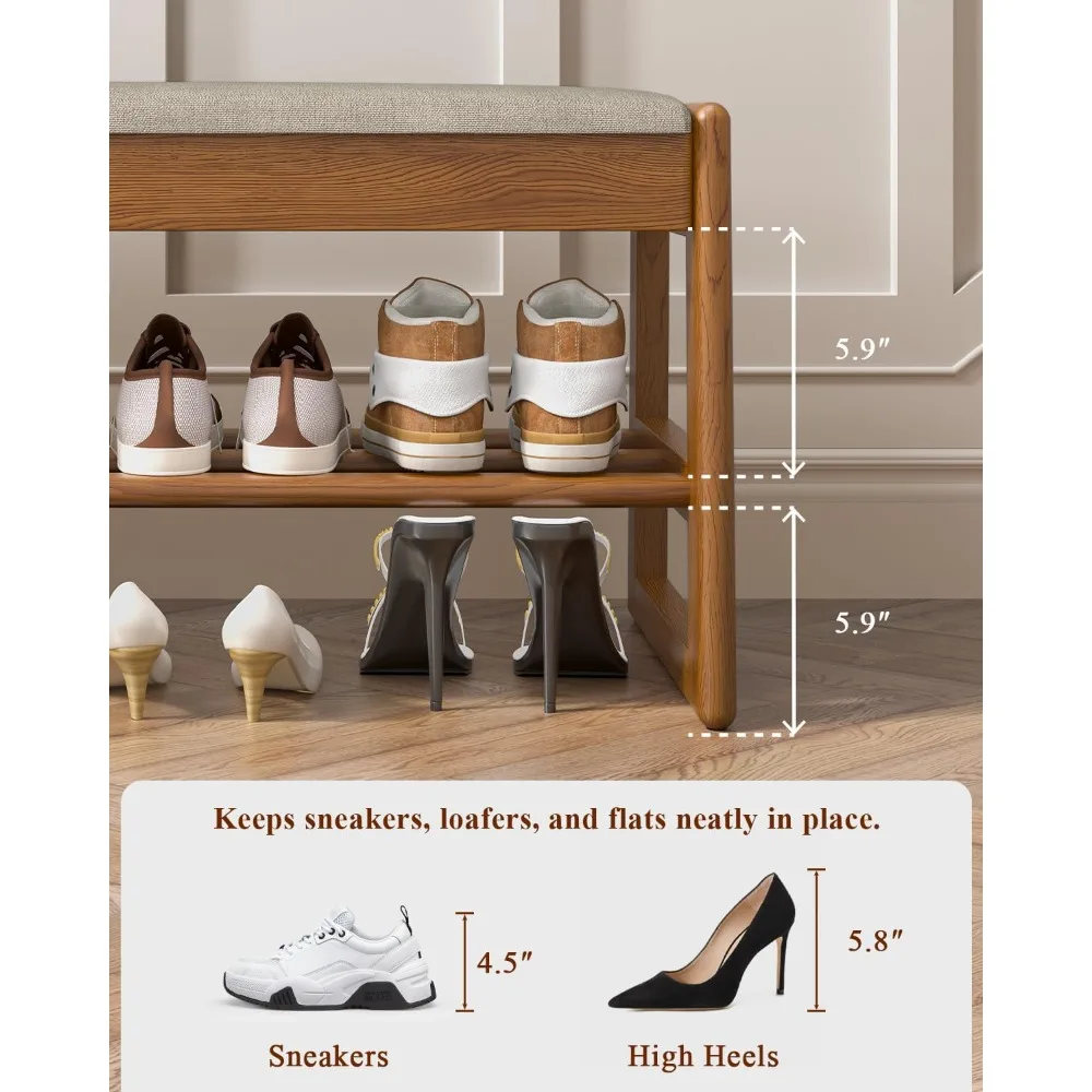 Banco de zapatero de madera de 2 niveles acolchado de algodón y lino: capacidad de 550 libras, diseño elegante y moderno para entradas y pasillos