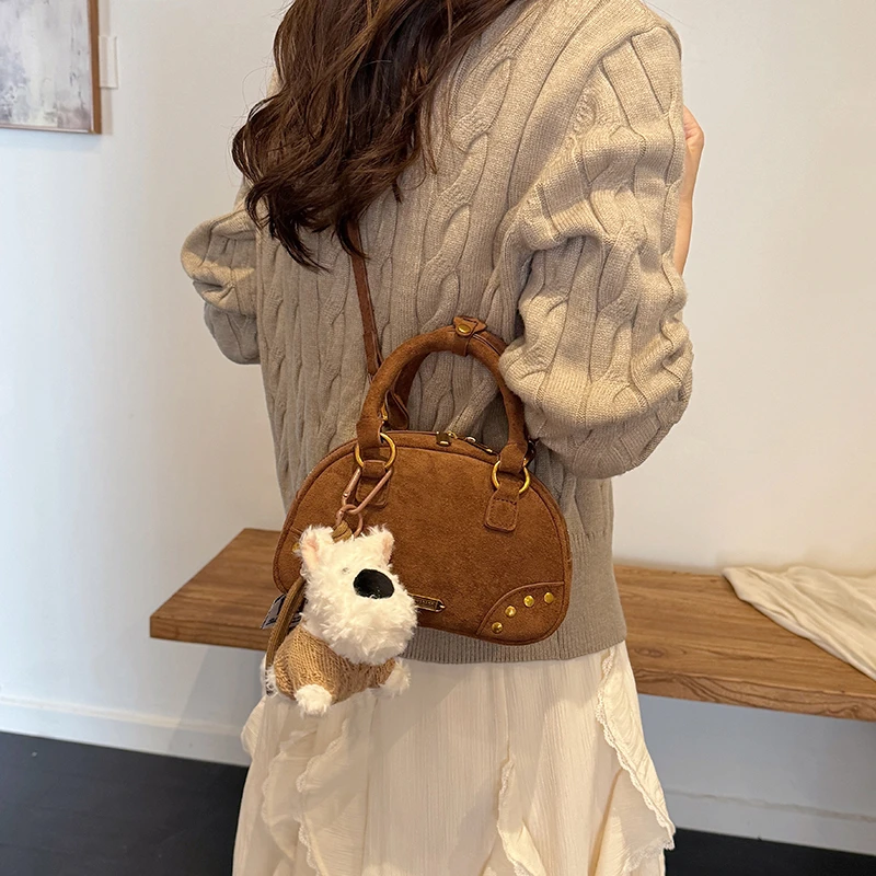 

Faux Suede Solid Color Zipper Shoulder Bags Fashion Sewing Large Capacity Women's Bags 2025 Hot Sale Versatile Retro Handbags