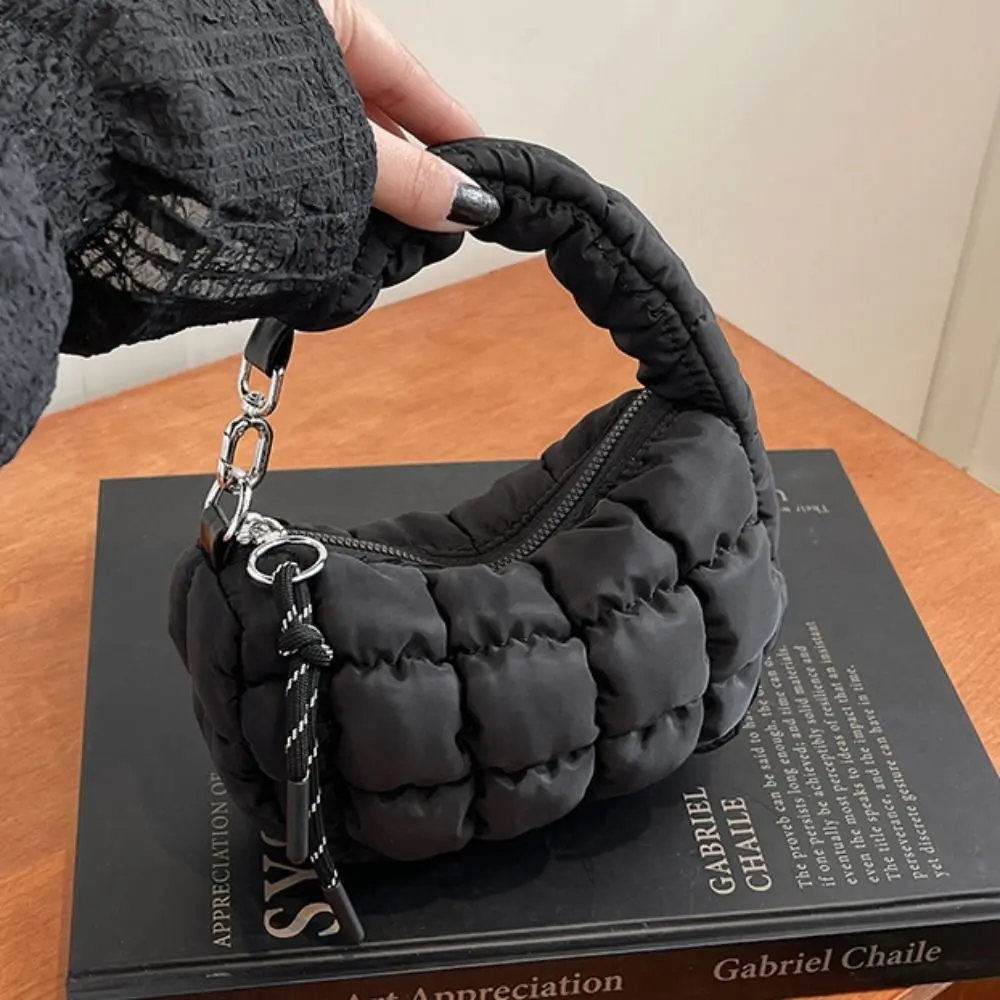 Sweet Bubble Cloud Handbag Korean Style Solid Color Pleated Dumpling Bag with Pendant Zipper Rhombus Plaid Handbag Office Worker